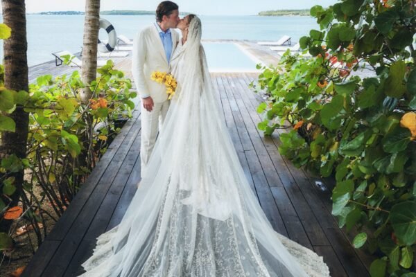 The Bride Wore a Cathedral-Length Veil with Ancestral Lace to Her Wedding on Harbour Island